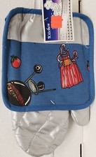 2pc Kitchen Set: 2 Potholders 1 Oven Mitt 10" BBQ GRILL APRON ON BLUE,Dura