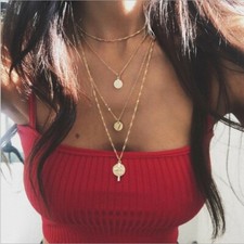 Necklace Multi Layer Long  Chain Festival Choker Pendant Gold Silver UK