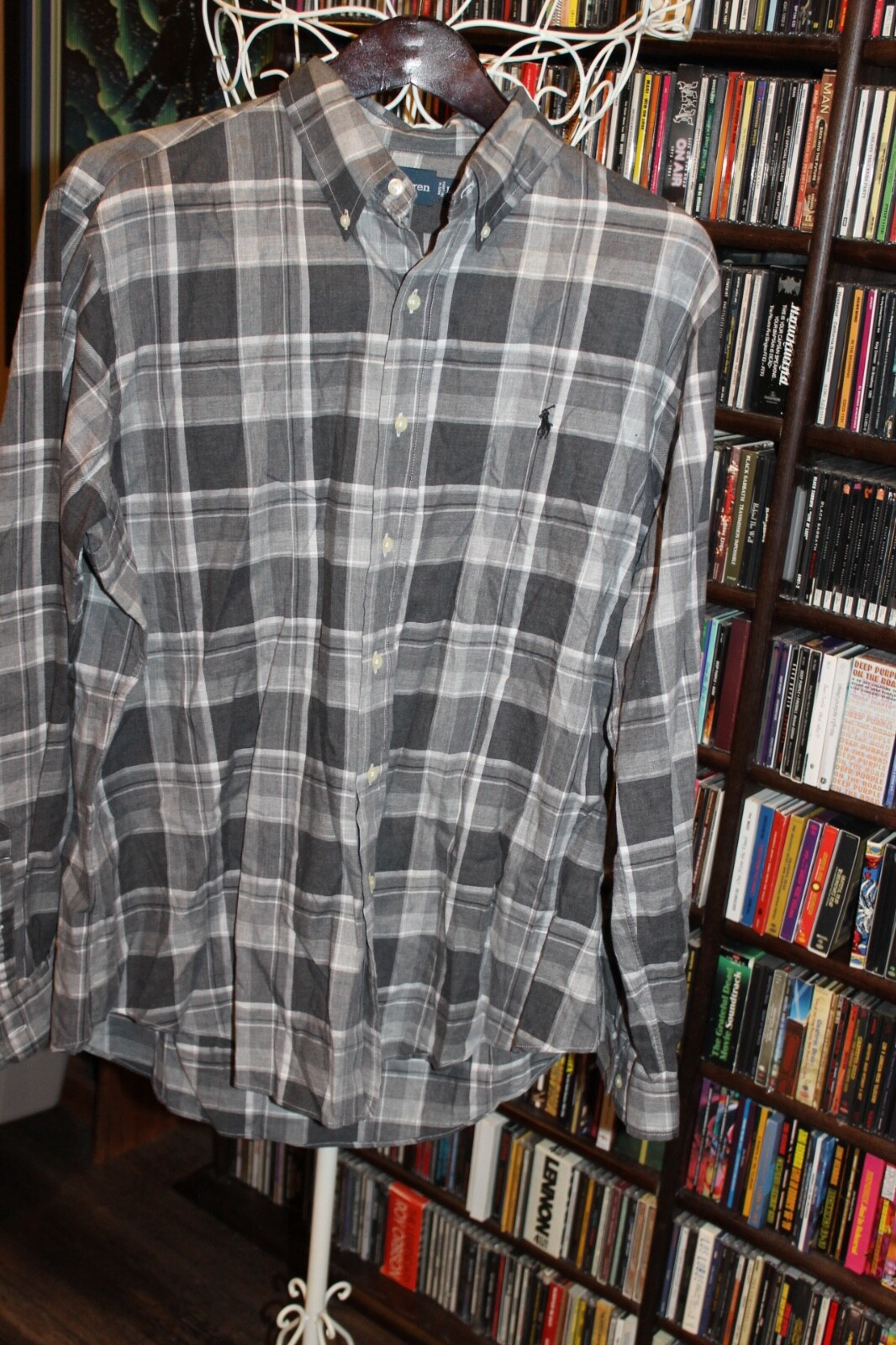 Polo Ralph Lauren Custom Fit grigia a quadri pony bottoni davanti camicia uomo L (bin305)