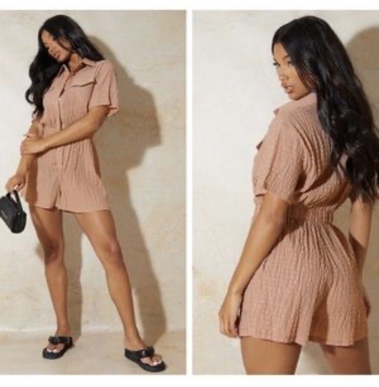 Pretty Little Thing Womens Romper Sz Small Button Up Brown Stripe Feminine