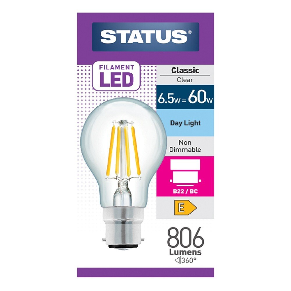 Status 6.5w (=60w) BC GLS Filament Daylight LED Light bulb