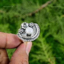 Natural Rainbow Moonstone Promise Flower White Adjustable Ring 925 Silver