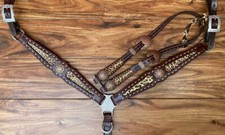 Western Brown Leather Tack set of Headstall  Breast collar with Cheetah Overlay