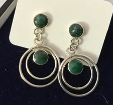 Vintage Sterling Silver Green Malachite Loop 30mm Drop Dropper Earrings
