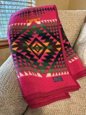 Vintage Pendleton Beaver State Bright Pink Wool Blanket Geometric