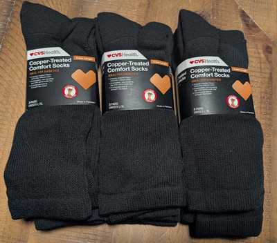 ''Nine'' Pair CVS Health Copper-Infused Black Crew Comfort Socks Unisex L/XL NWT