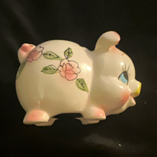 Ceramic Piggy Bank White Pig Pink Green Floral Design Coin Slot Stopper