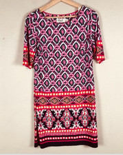 Eliza J Dress Womens 6 Pink Black Ikat Shift Short Sleeve Border Print Stretch