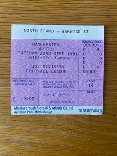 Ticket : Middlesbrough v Manchester United 22 September 1981