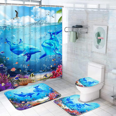 FRAMICS Blue Dolphin Shower Curtain and Rug Sets, 16 Pc Ocean World Bathroom Set