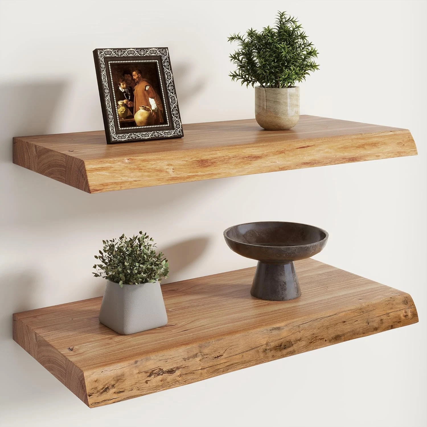 Live Edge Elm Floating Shelves - 24" W X 9.3" D Rustic Solid Wood Wall Shelves w