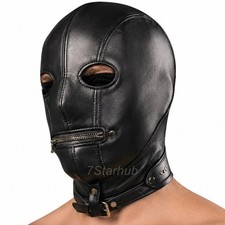 Black Leather Hood Mask Full Face Zipper Cover Gothic Lace Up Buckle Handmade