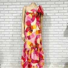 Farm Rio “Patch Twirl” One‑Shoulder Maxi Dress • NWT • Size L • Bold Patchwork
