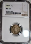 NGC AU-55 1863 Indian Head Cent, Sharply Struck, Lustrous specimen.