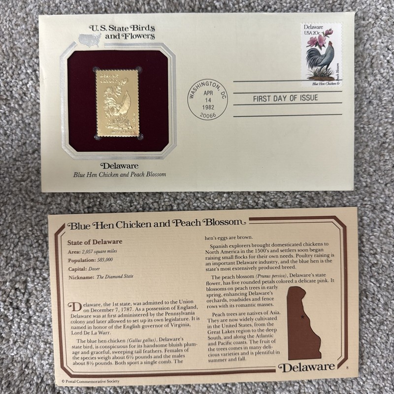 1982 22K Gold Replica $0.20 First Day - State Birds & Flowers "DELAWARE" Stamp