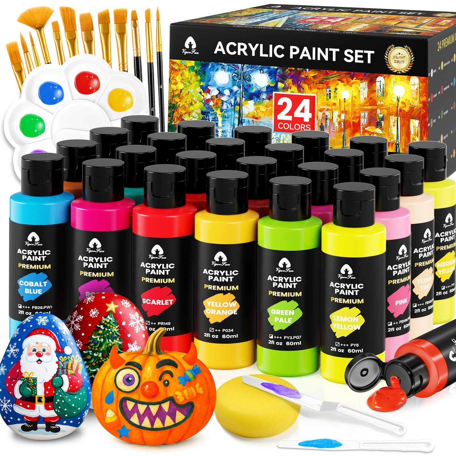 40 Pcs Acrylic Paint Set - 24 Colors (2oz/60ml) with 12 Brushes, 2 Knives & P...