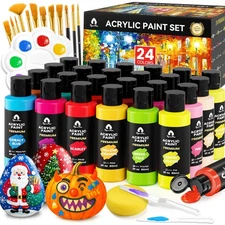 40 Pcs Acrylic Paint Set - 24 Colors (2oz/60ml) with 12 Brushes, 2 Knives & P...