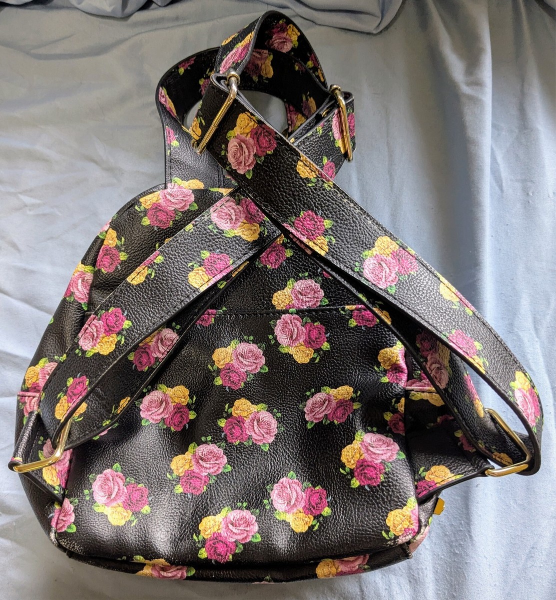 Betsey Johnson Black Floral Mini Backpack with Gold Accents Betsey Johnson Mini Backpack in Black with Pink & Yellow  main image 4