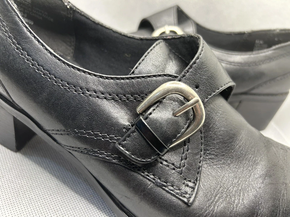 Mocasines vintage de cuero negro para mujer 8,5 plataforma tacón Chucky años 90 hebilla Y2K Foto 2 de 4