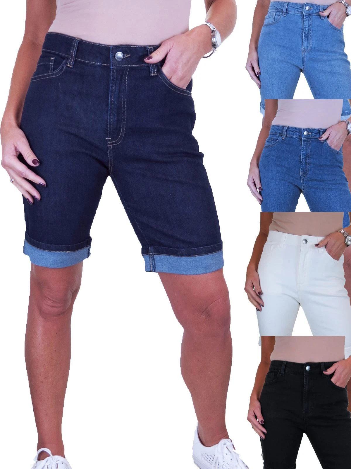 Women’s High Waist Denim Shorts Stretch Turn Up Cuff 10–22