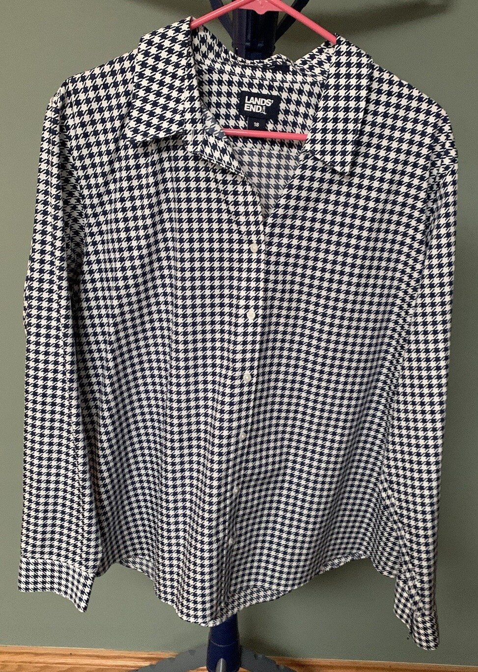 Lands End No-Iron Supima Blouse Women's Size 18 Navy Blue White Check