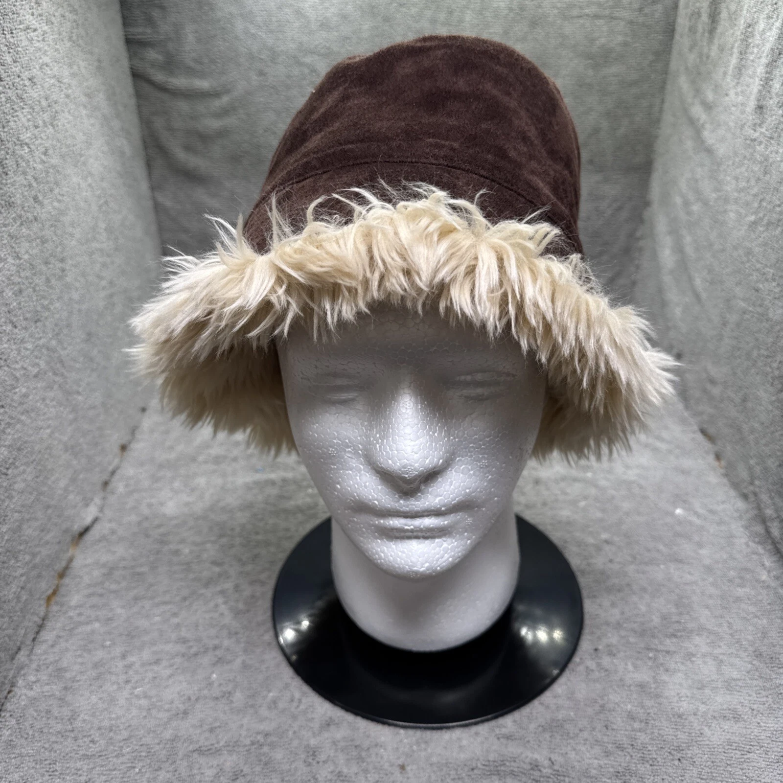 Wilsons Leather Lined Bucket Hat L/XL Chocolate Brown Fuzzy Suede Cap Cover