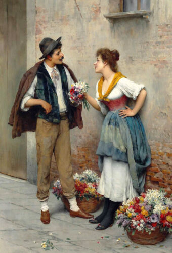 Peinture à l'huile Eugen von Blaas Le vendeur de fleurs jeune femme et homme dans street art - Photo 1 sur 1