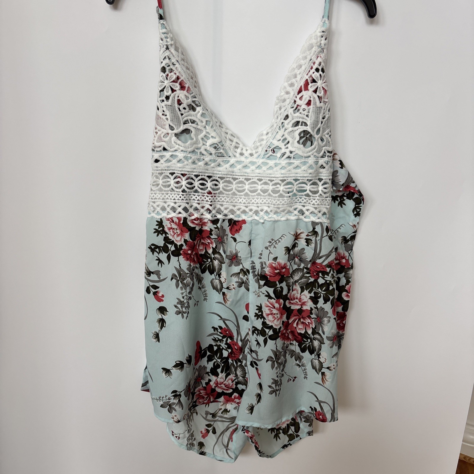 SHEIN Floral Lace Open Tie Back Romper, Light Blue, Size XL