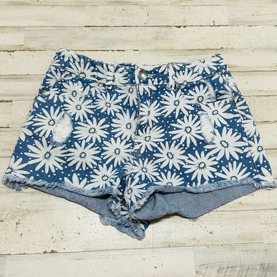 Harmony & Havoc Denim JR Short Shorts Cut Off Blue White Daisy Floral Sz 4
