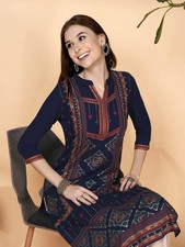 Indian Women Blue Rayon Ethnic Motifs Printed Kurta Kurtis Top Tunic New Dress