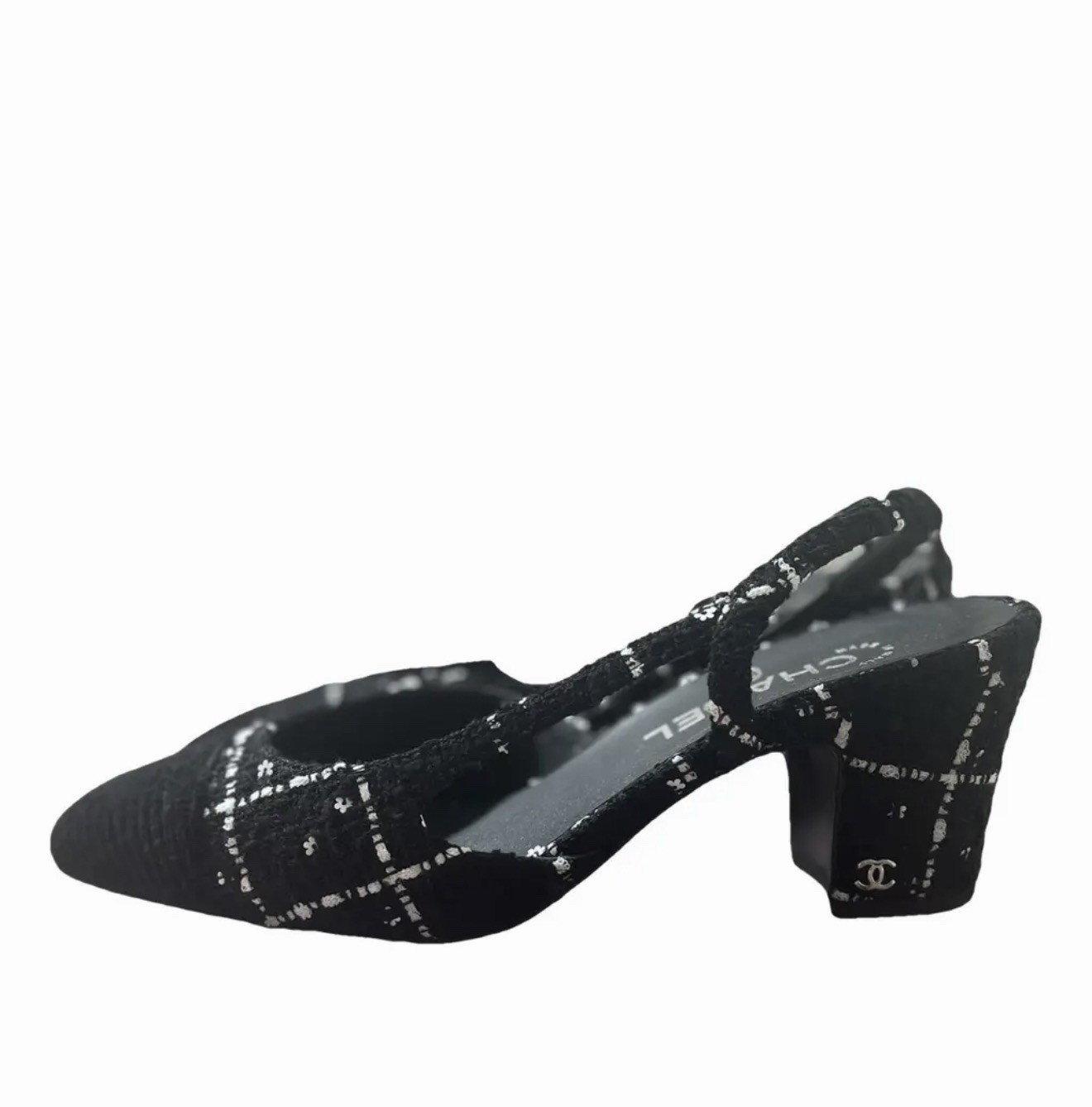 Chanel Black And White Tweed Slingback Heels Size 39.5