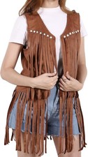 Western Cowboy Jacket Vest Tassel Fringe Cowgirl Hippie Costume Faux Suede Brown