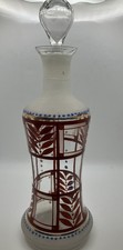 Czech Bohemian Art Glass Decanter Frosted Red Enamel Gold MCM Vintage W/Stopper