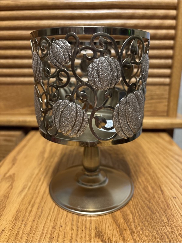 NEW, Bath & Body Works Gold Shimmering Pumpkin 3 Wick Pedestal Candle Holder ￼