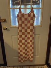 Women’s Brown/Cream Check Knit Bodycon Maxi Dress Scoop Neck Strappy M