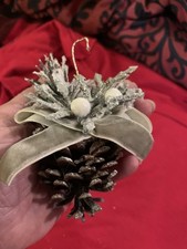 Handcrafted Vintage Silver White Pine Cone Ornament Frosted Branches