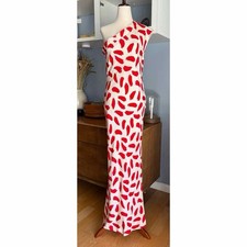 Oscar de la Renta Vintage 80’s Silk Long Maxi Gown Dress One Shoulder Wht Red S