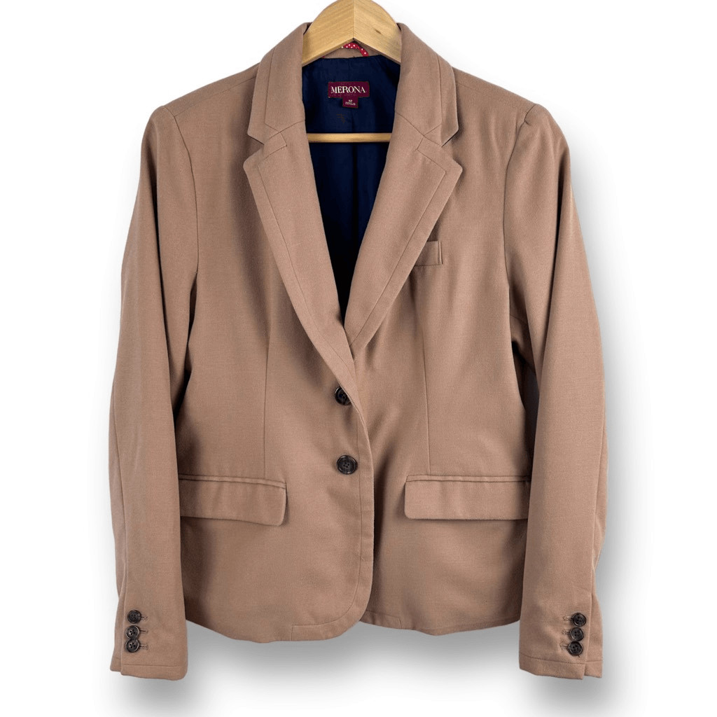 Merona Womens Brown 2 Button Pocket Lined Long Sleeve Blazer Coat Size 12