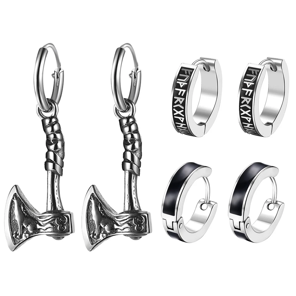 2/3 pares de aretes tipo argolla martillo celta runas vikingas nórdicas para hombres niños mujeres 18G Foto 4 de 4