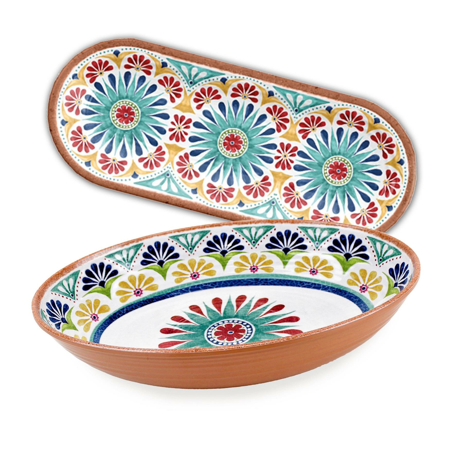 Purely Home Rio Medallion Melamine/Plastic Oval Bowl & Oval Serving Tray Set