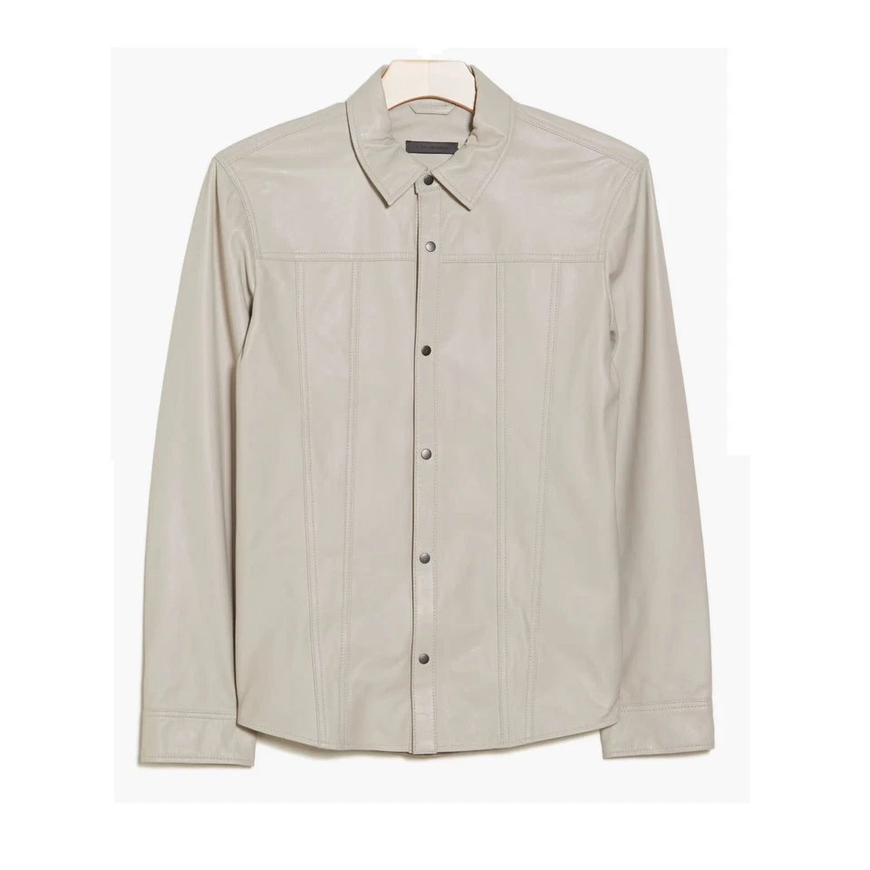John Varvatos Colección Para Hombre Piel de Oveja Cuero Frente a Presión Camisa Chaqueta Gris Foto 3 de 3