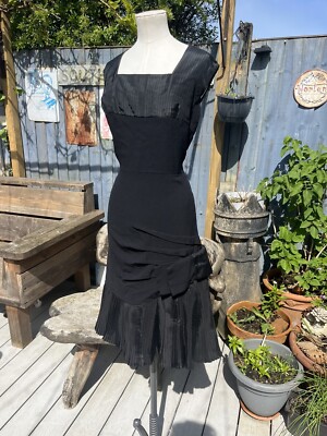 VINTAGE 30S FLAPPER HANDMADE PLISSEE KLEID SCHLEIFE FIT & FLARE SCHWARZ GR. M