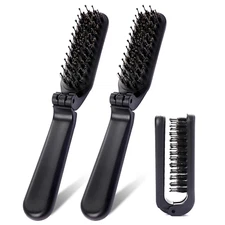 Foldable Brush for Purse, 2 Pack Small Portable  Hair Brush with Natural Boar Br