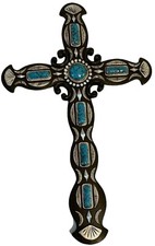Western Wall Cross Decor 13.5  L Turquoise Colored Distressed Wall Art