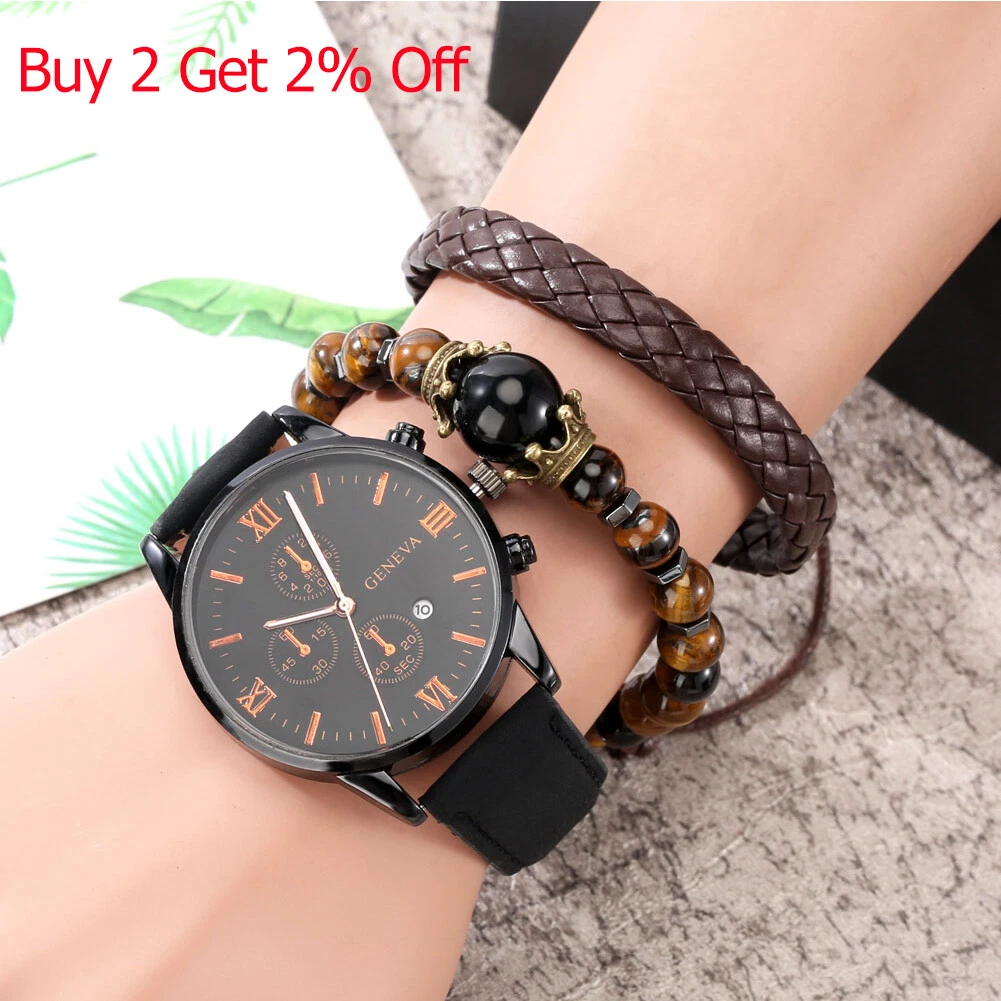 Conjunto Reloj De Pulsera Para Hombre Brazalete Correa De Cuero Joyas De Lujo | eBay