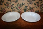 2-VINTAGE EARLY CORNING DEEP DISH MILKGLASS PIE PLATES-TRUMPET BLOWER LOGO
