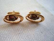 Vintage Swank Gold Tone Cuff Links With Brown AB Stones As Found