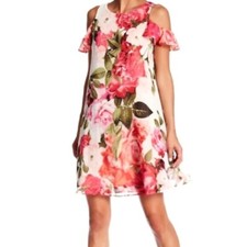 Eliza J Women's Cold Shoulder Floral Swing Shift Dress Rose Spring Easter Sz. 4