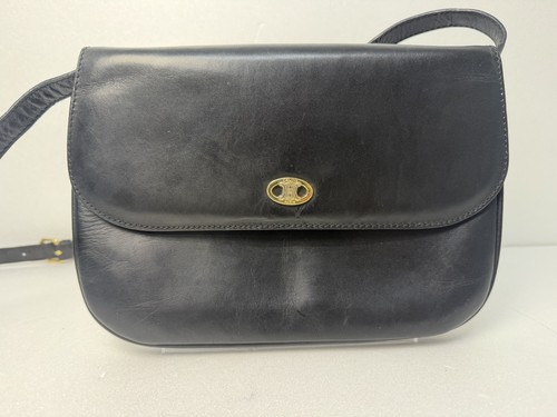 Celine Black Leather Flap Shoulder Bag Oval Gold Tone Hardware