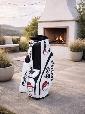 Malbon Golf Stand Bag White Synthetic with Golf Ball Red Hat
